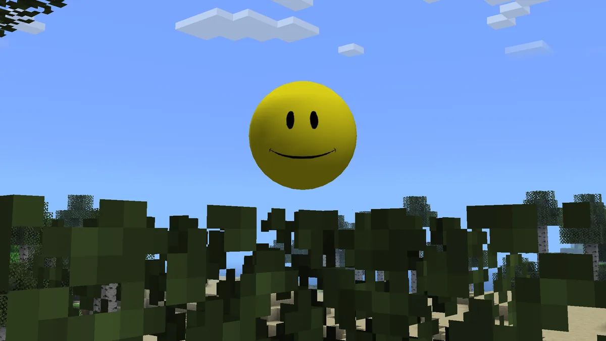 Official Verity JE yellow assistant floating above a Minecraft forest