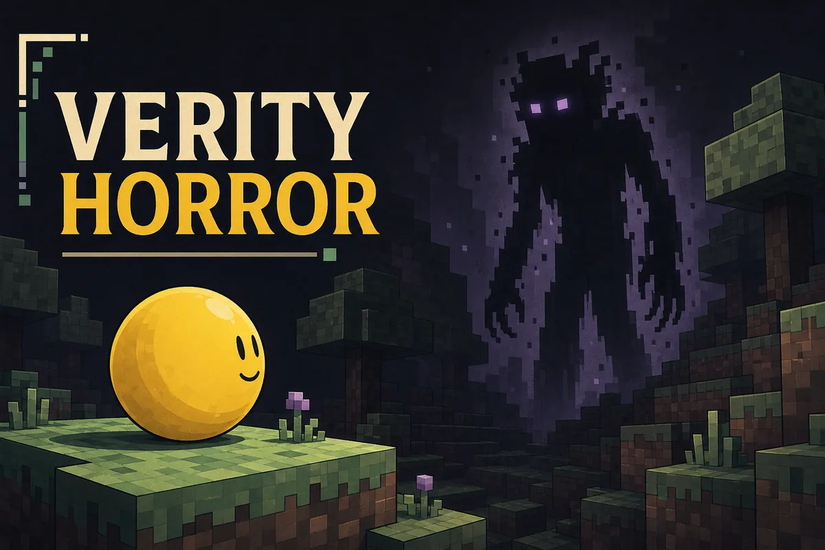 Editorial illustration contrasting friendly yellow Verity with a shadow demon in a dark block-built world