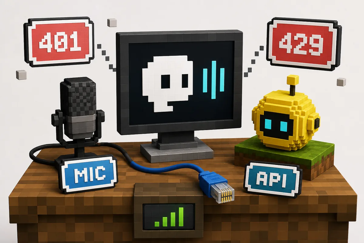 Illustrative troubleshooting graphic for Verity Mod microphone API 401 and 429 errors