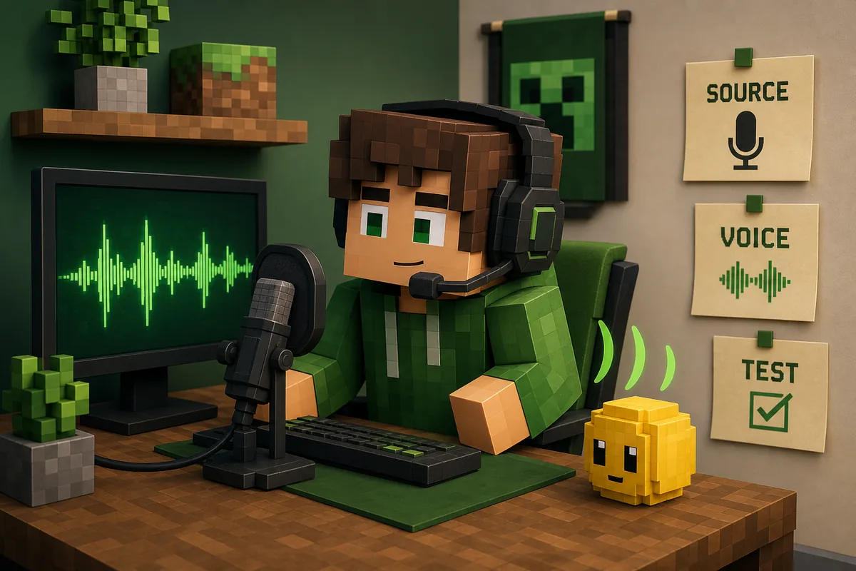 Illustrative Verity Mod voice setup scene with Minecraft-style microphone and source checks