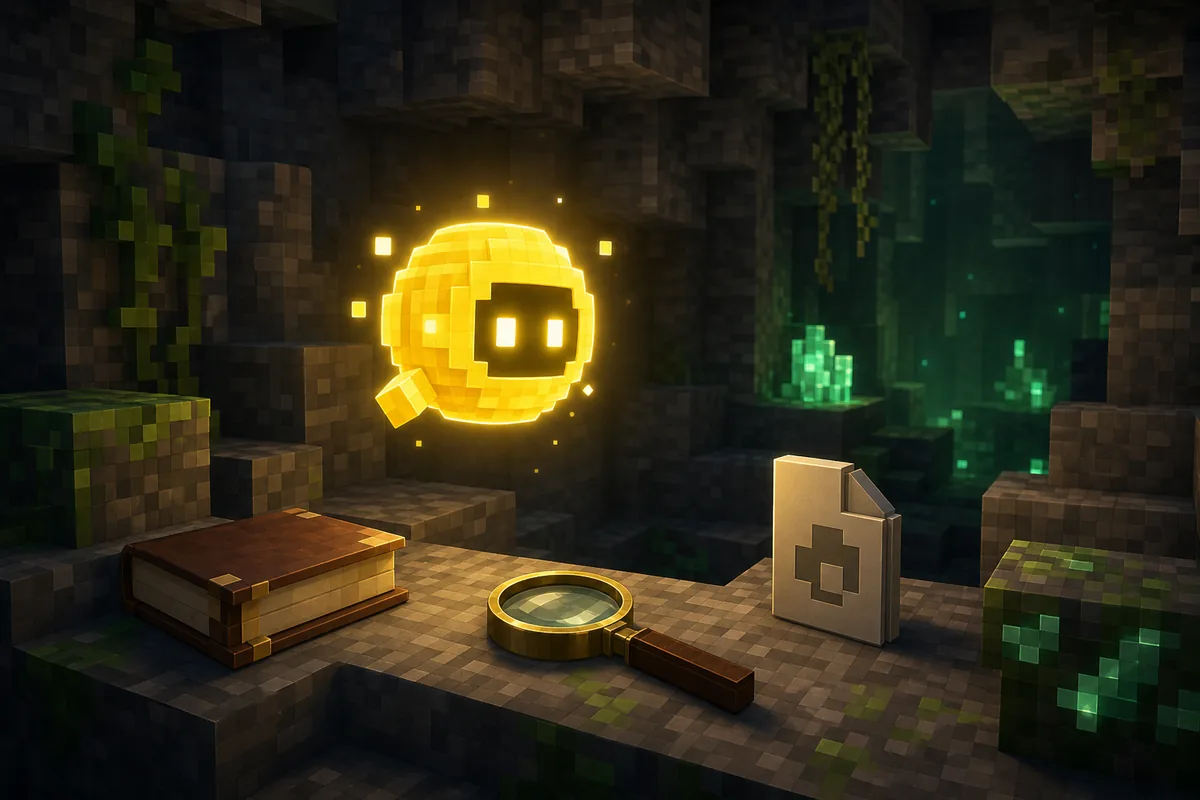 Editorial illustration of Verity as a yellow Minecraft-inspired companion beside source-check clues